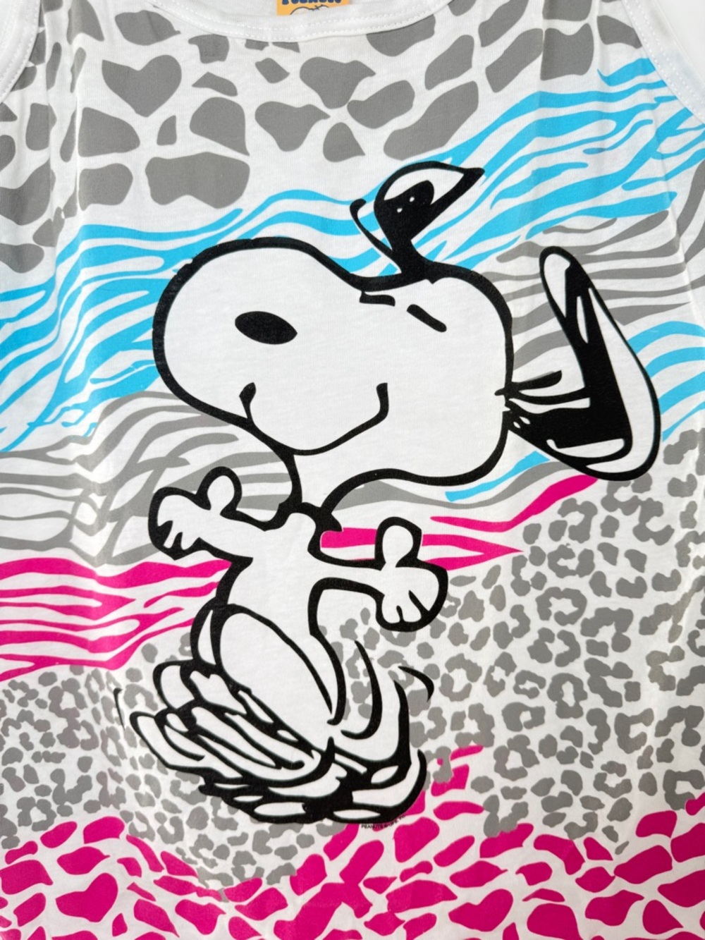 Peanuts Dancing Snoopy Tank Top w/ Blue & Pink Animal Print Graphics Size Jr XL - Picture 10 of 11